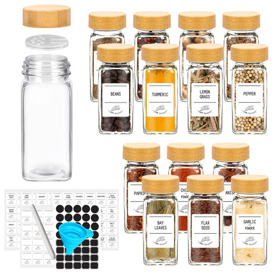 12 Pcs Glass Spice Jars with Bamboo Lids and Minimalist Spice Labels Stickers Kitchen Spice Jar Set