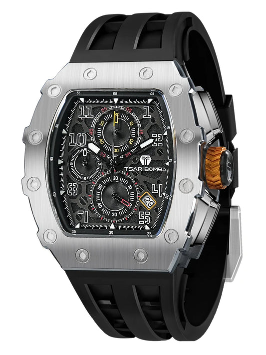 Tsar Bomba Luxury Men's Tonneau Design Waterproof Stainless Steel Watch Fashion Rectangle Wristwatch