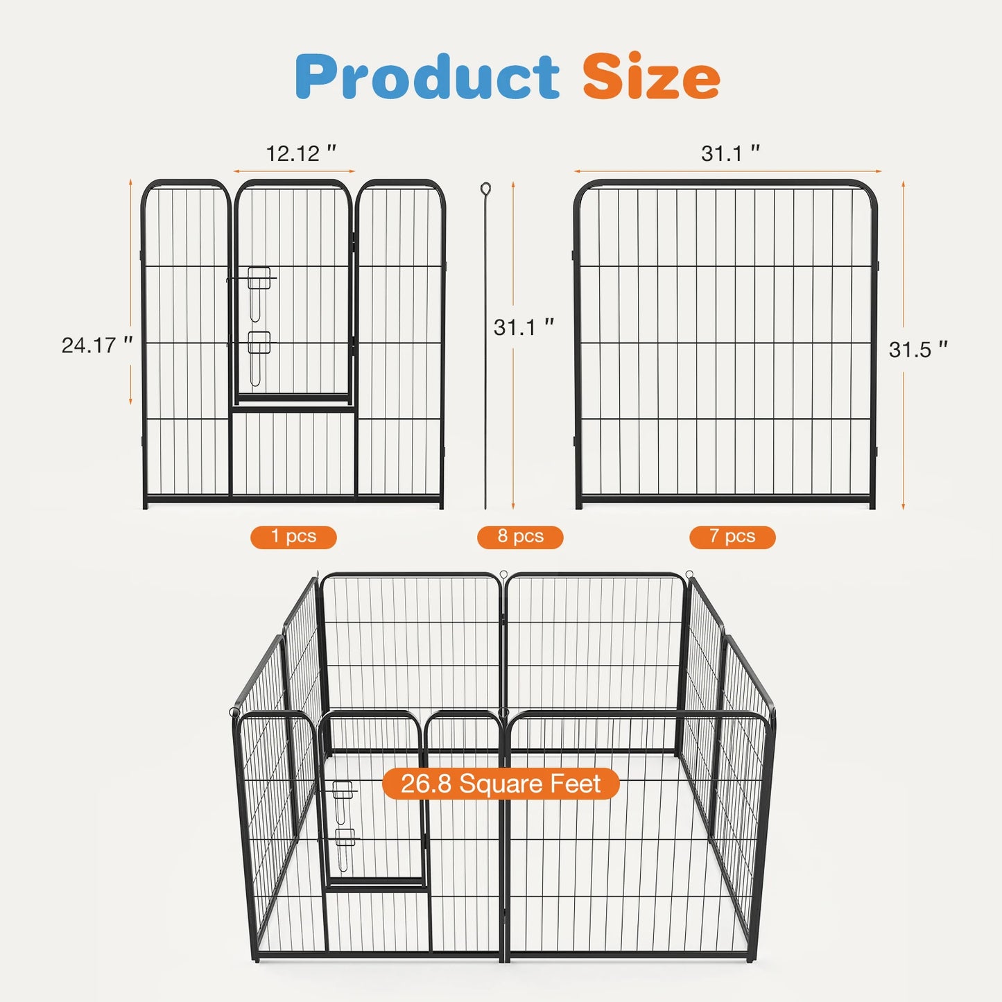 JHK 8 Panel Heavy Duty Dog Playpen Indoor Outdoor Pet Fence with Doors Metal Dog Pen for Exercise and Camping