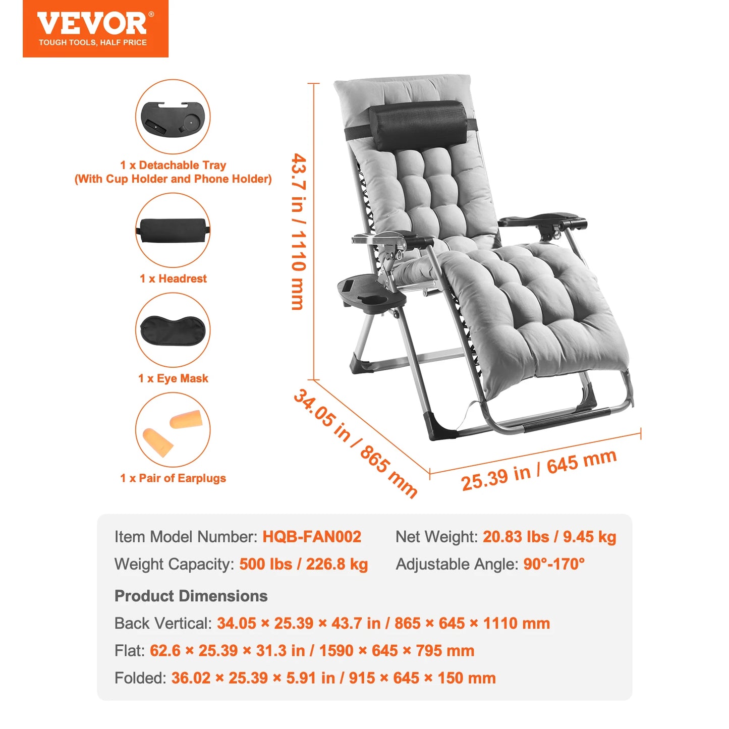 VEVOR Zero Gravity Recliner Lounge Chair Adjustable Anti Gravity Chair with Cushion Footrest and Cupholder