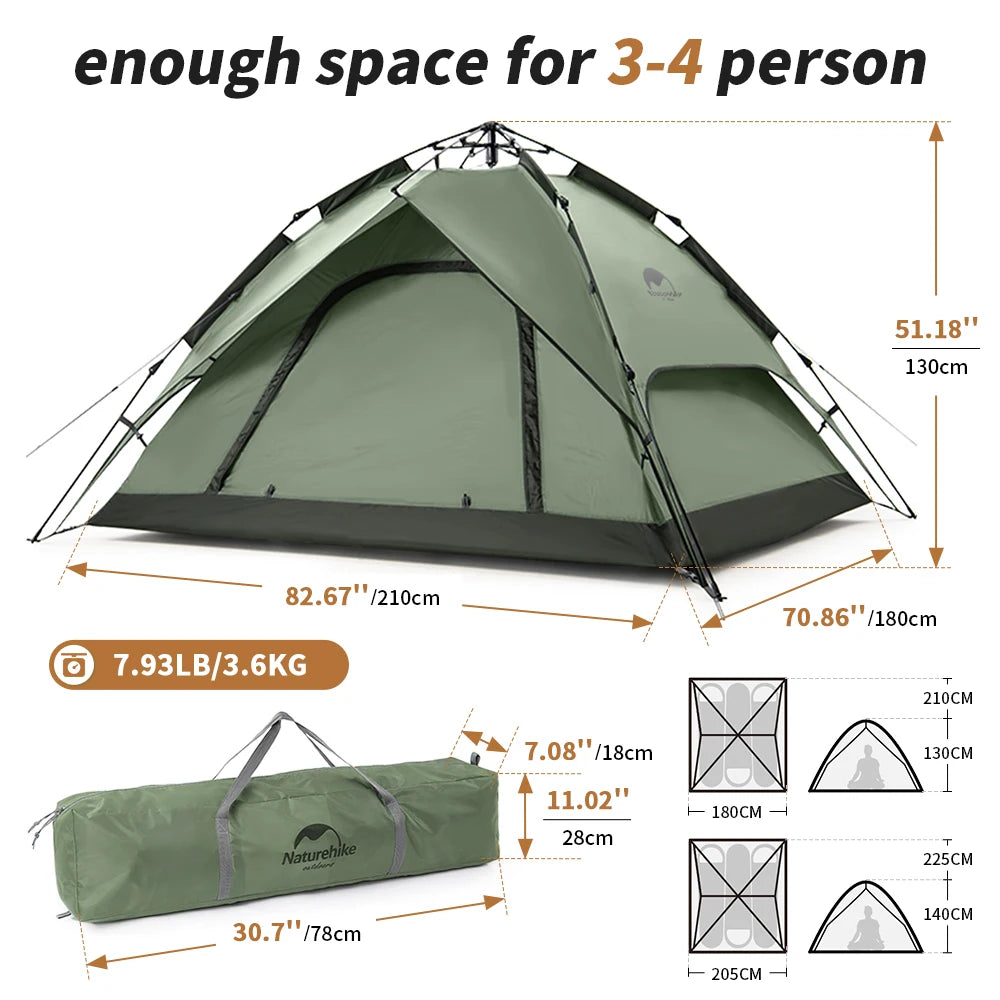 Naturehike Camping Automatic Tent One Touch Waterproof Roof Top Tents Double Door 3 Person Tent Outdoor Beach Fish Shelter Tent