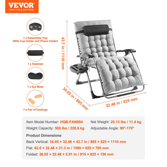 VEVOR Zero Gravity Recliner Lounge Chair Adjustable Anti Gravity Chair with Cushion Footrest and Cupholder