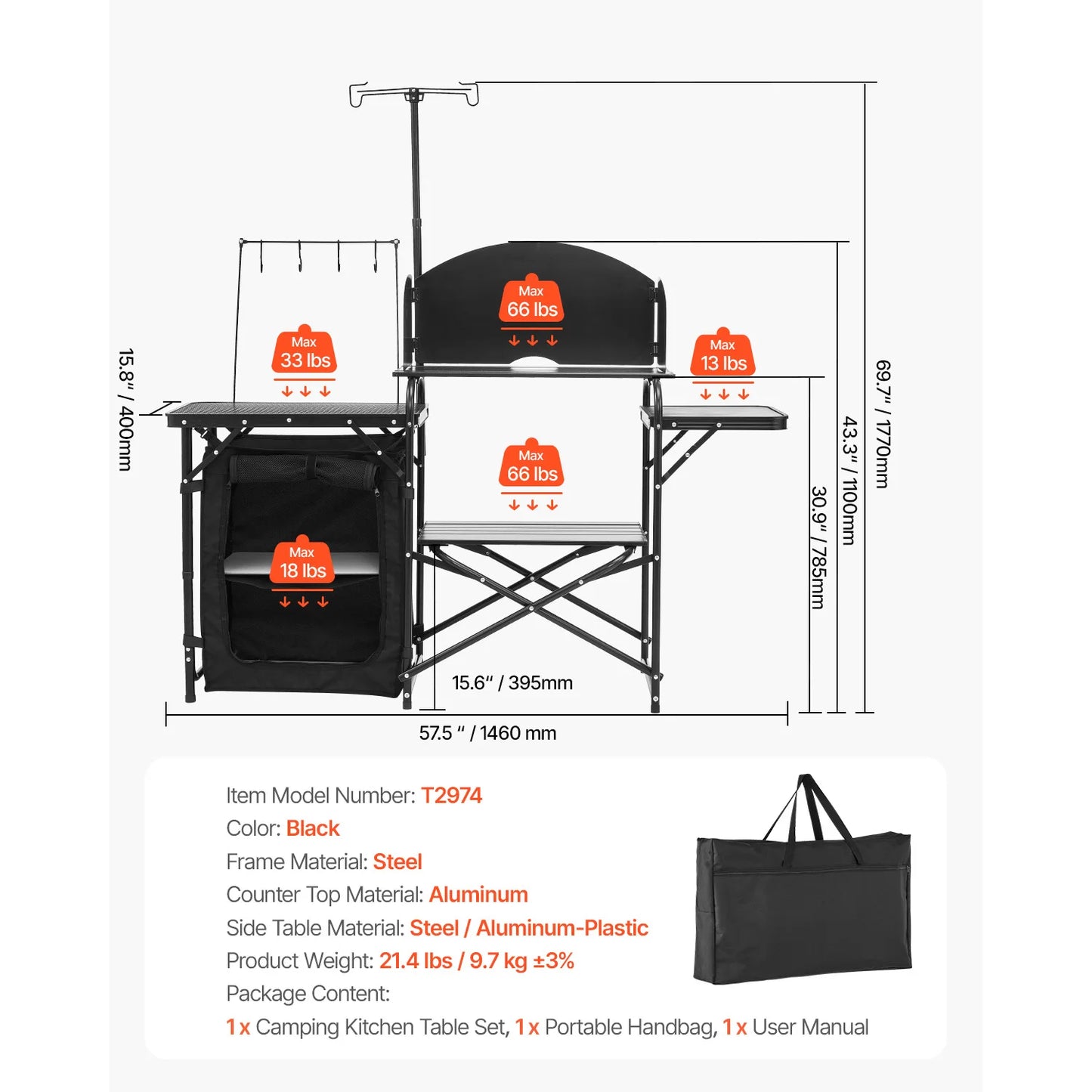 SucceBuy Camping Kitchen Table Folding Camp Cook Station Aluminum Portable Cook Station with Cupboard, Carrying Bag Windscreen