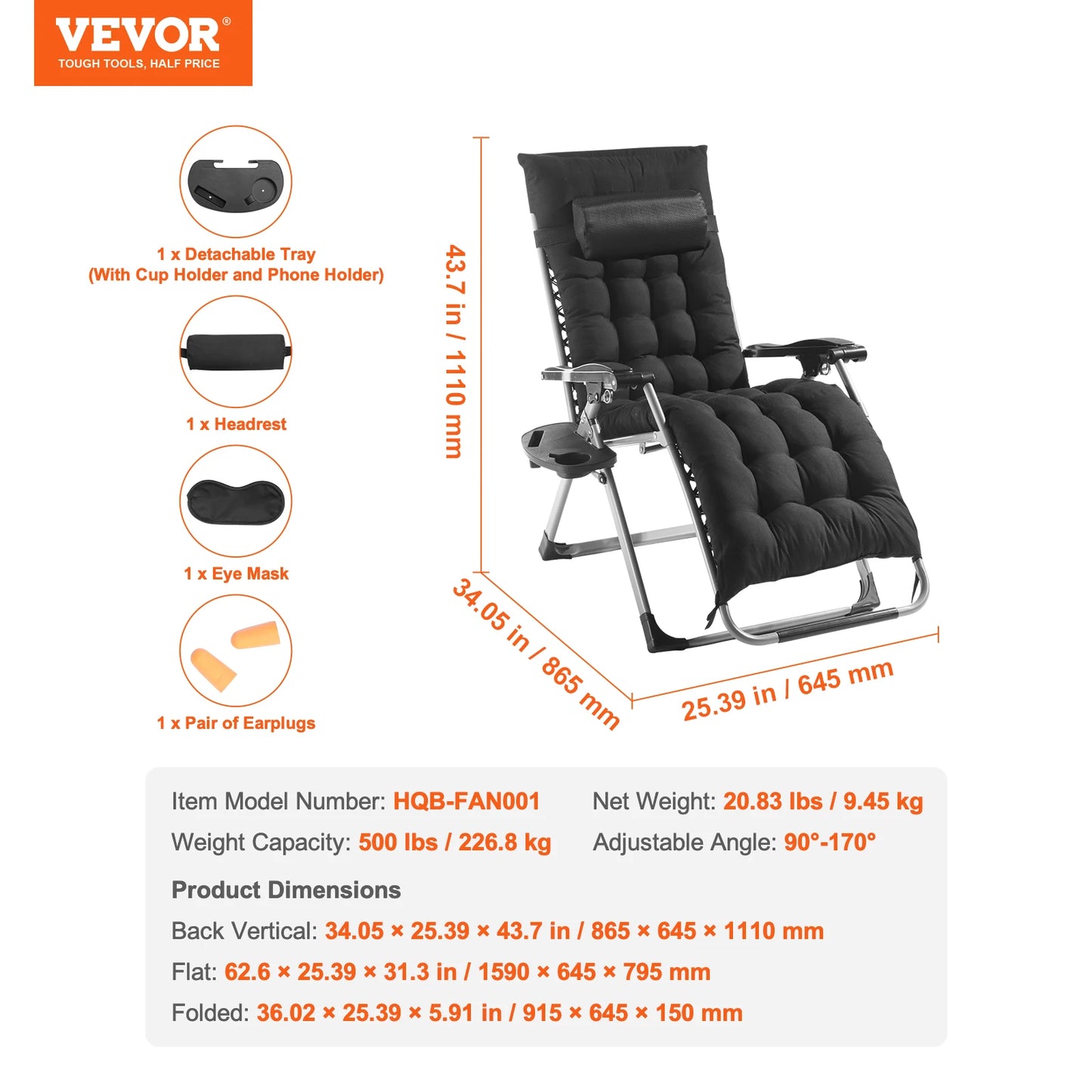 VEVOR Zero Gravity Recliner Lounge Chair Adjustable Anti Gravity Chair with Cushion Footrest and Cupholder