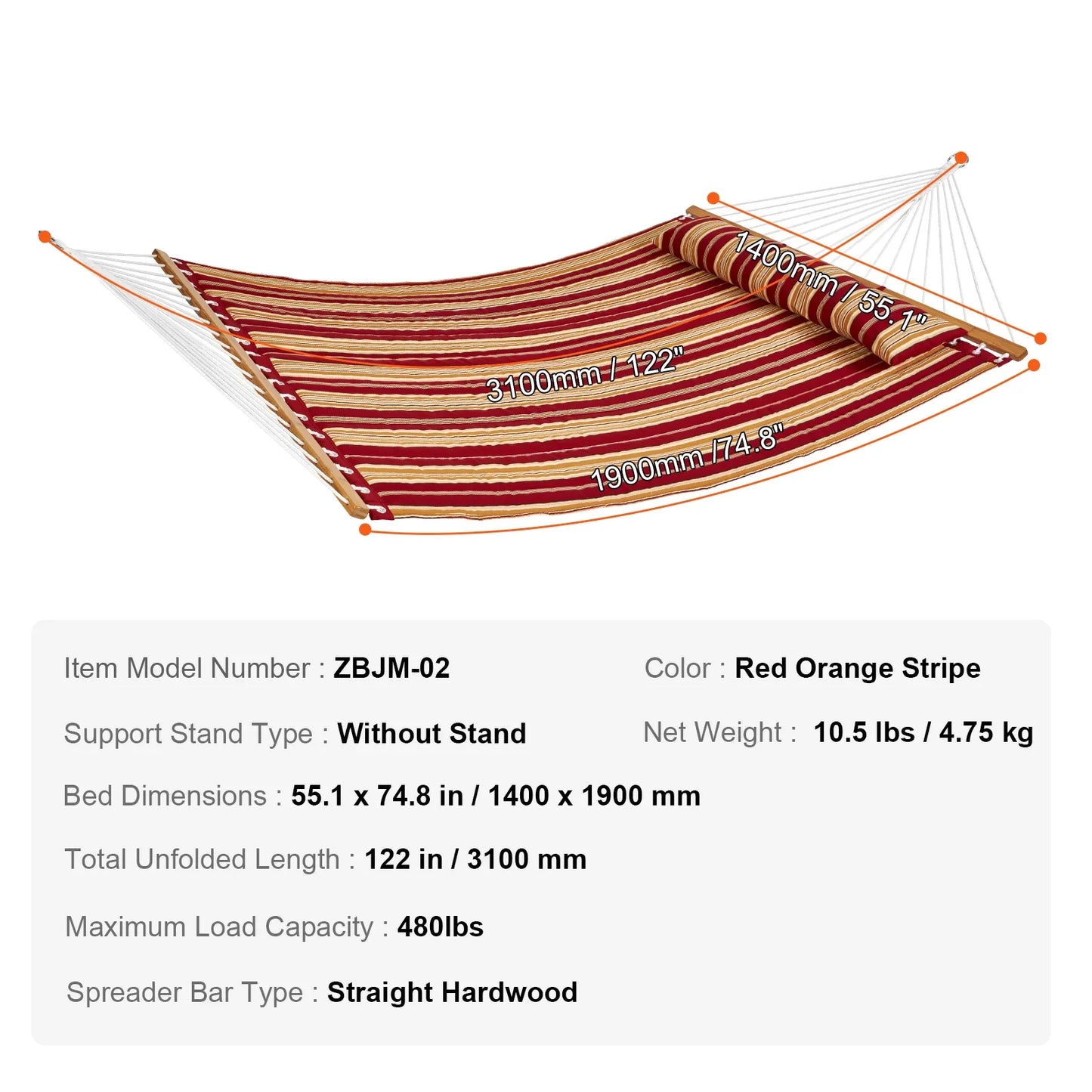 Two Person Hammock with Stand Included Double Hammock with Curved Spreader Bar and Detachable Pillow and Portable Bag