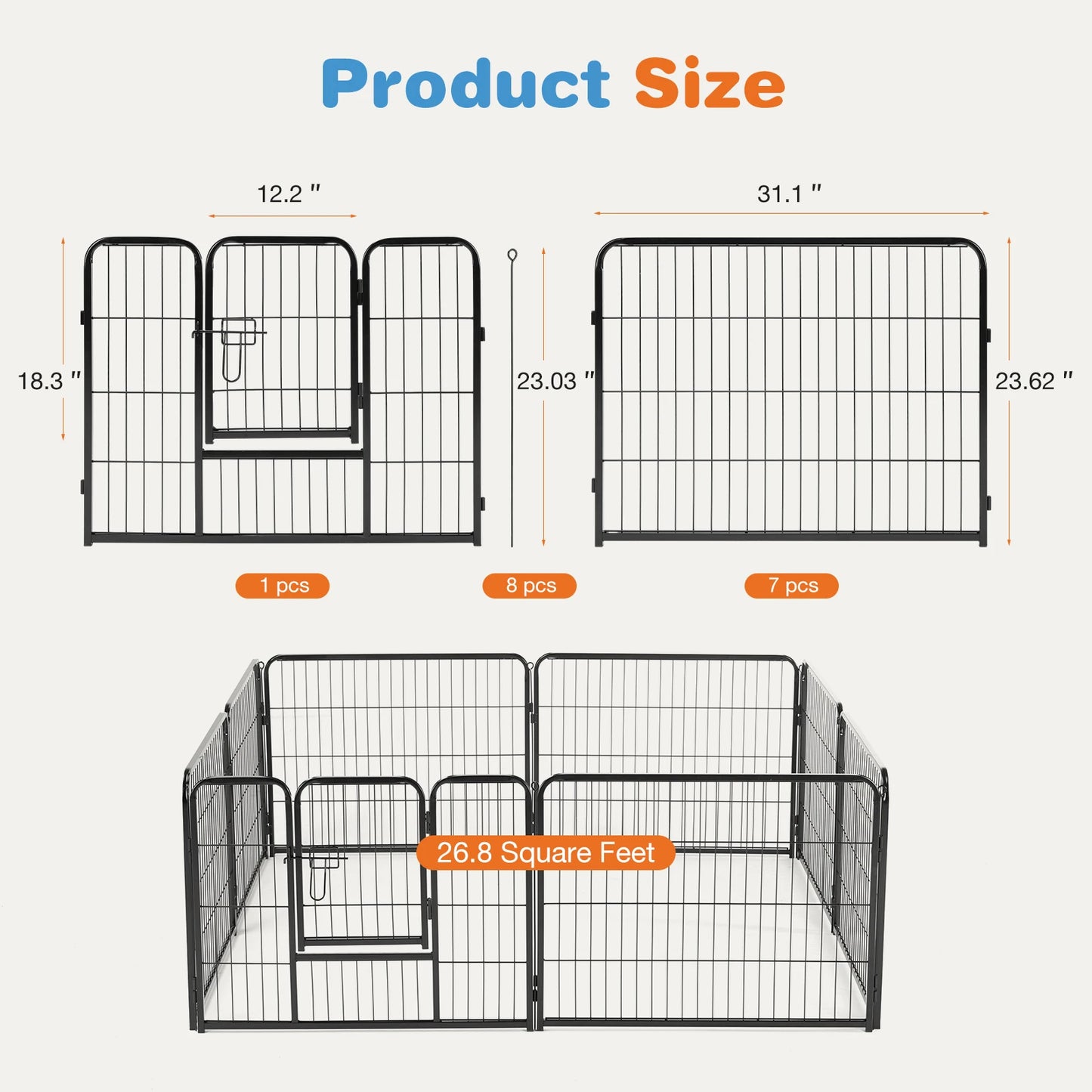 JHK 8 Panel Heavy Duty Dog Playpen Indoor Outdoor Pet Fence with Doors Metal Dog Pen for Exercise and Camping