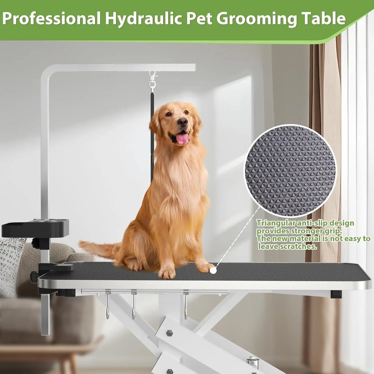 Hydraulic Pet Grooming Table with Anti-Static Table Top Heavy Duty Z-Lift Dog Grooming Table Adjustable Height 21 to 36 Inches with Armrests and Leash Covers 330 Pounds Capacity