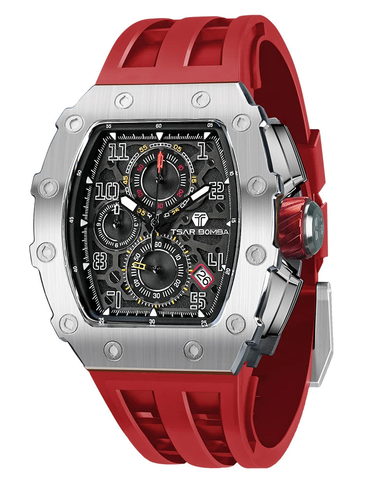 Tsar Bomba Luxury Men's Tonneau Design Waterproof Stainless Steel Watch Fashion Rectangle Wristwatch