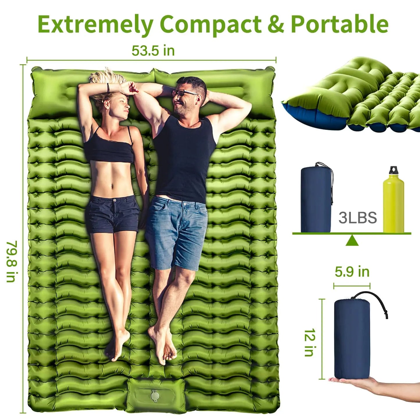 Westtune Double Sleeping Pad 4 Inch Thick for 2 Person with Pillow Built in Foot Pump Inflatable Mattress for Backpacking and Hiking