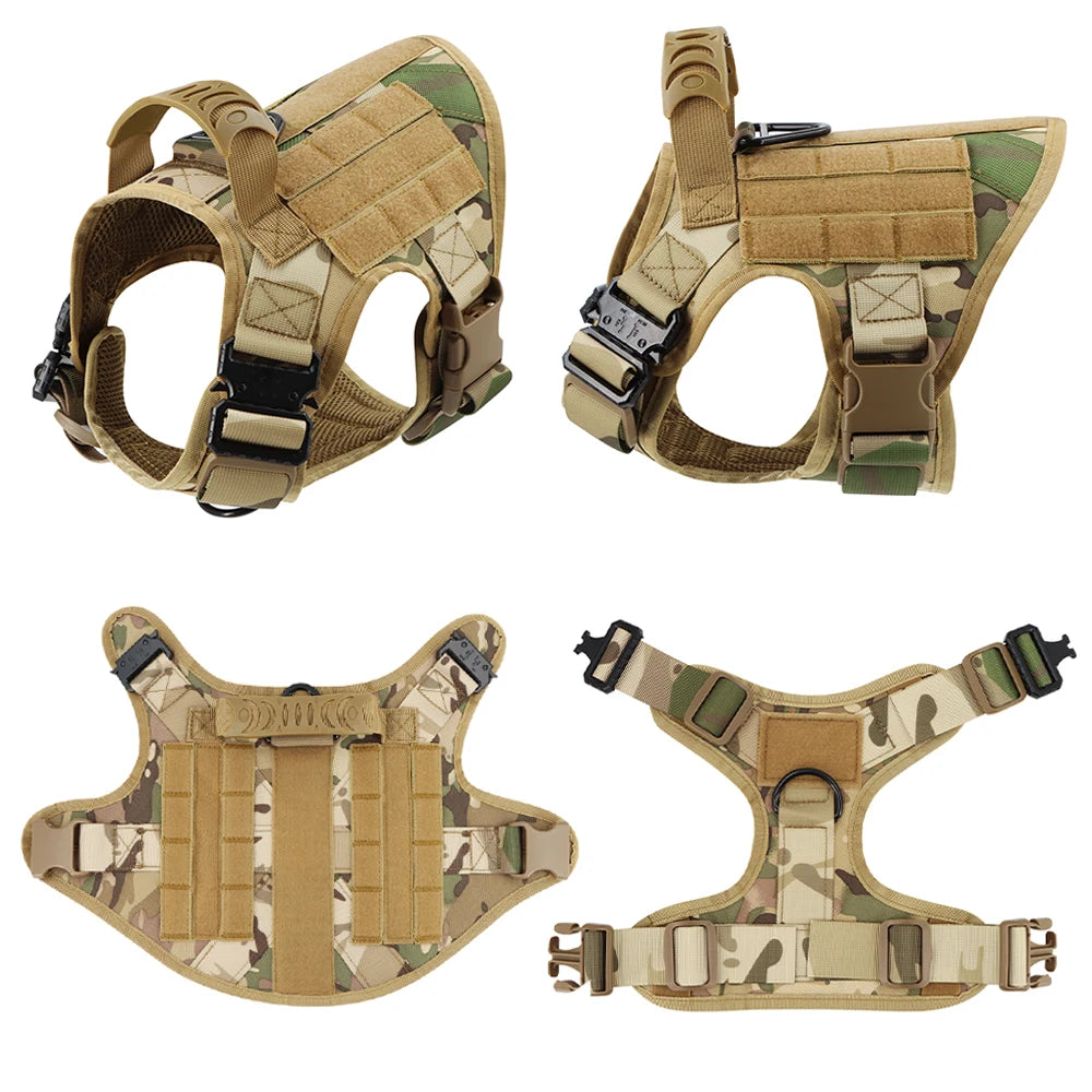 Dog Harness Leash Collar Patches Set for Medium Large Dogs Adjustable Tactical Military Vest for Training and Walking