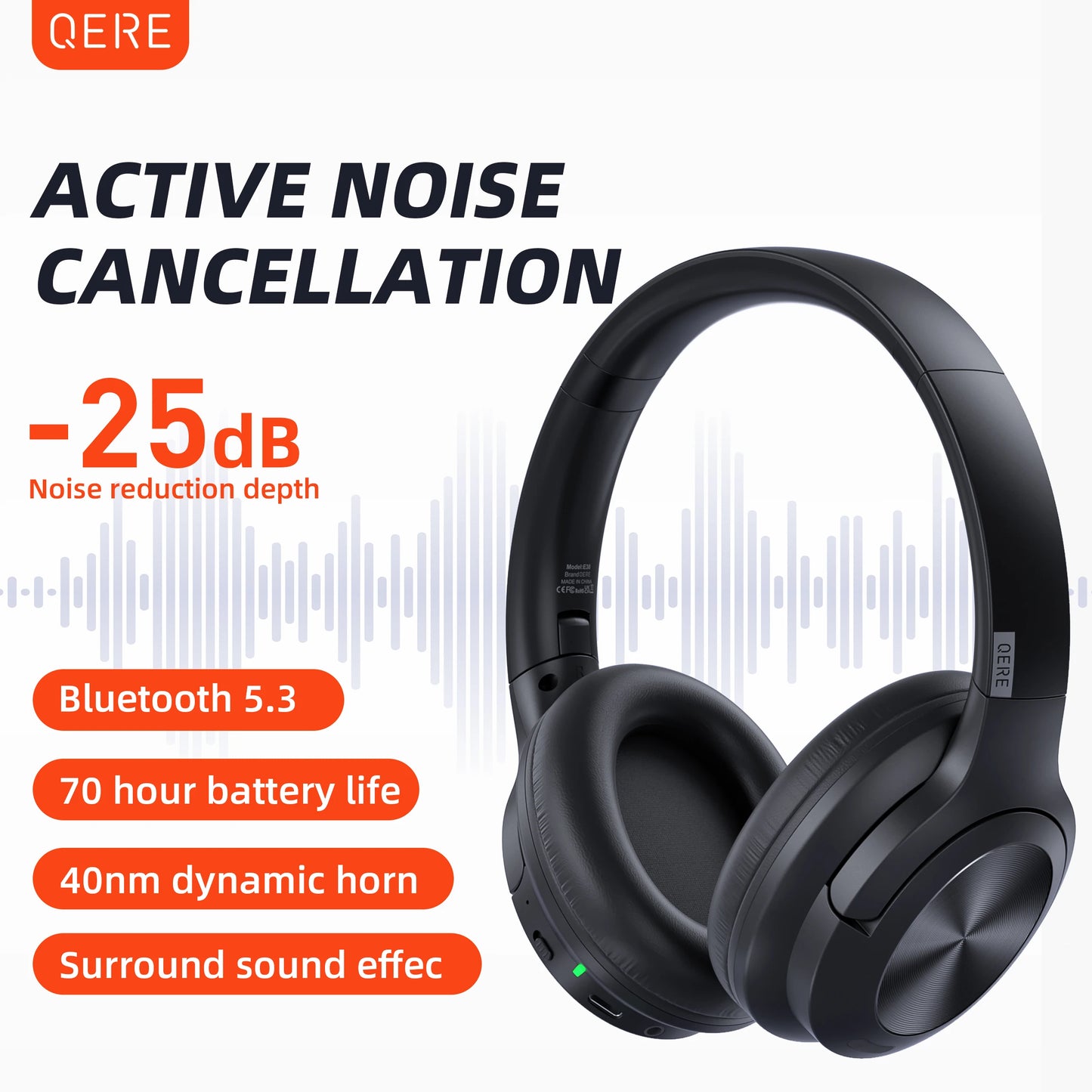 Wireless Bluetooth Headset QERE E80 Earphone 5.3 ANC Noise Cancellation Hi-Res Audio Over Ear Headphones 70 Hours Battery Life 40mm Driver