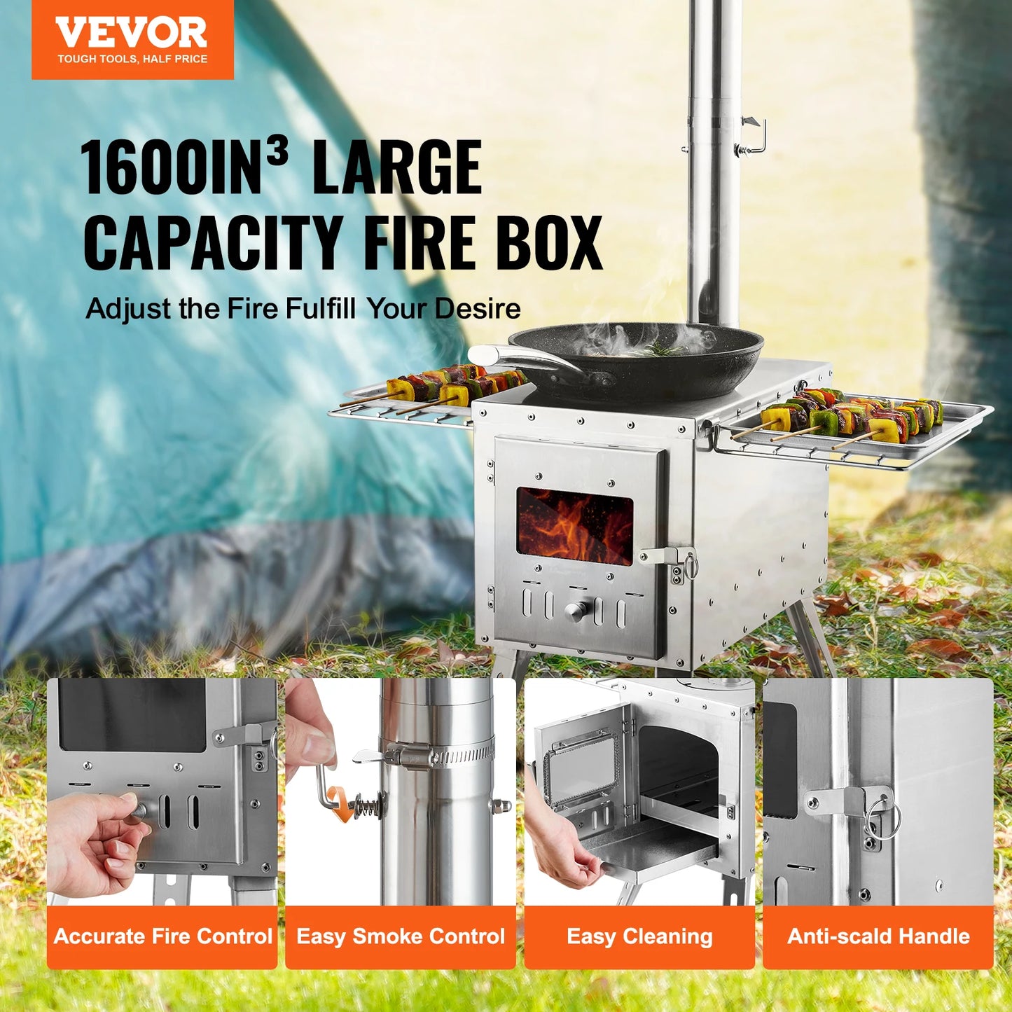 VEVOR Wood Stove 86 Inch Stainless Steel Camping Tent Stove Portable Wood Burning Stove with Chimney Pipes and Gloves