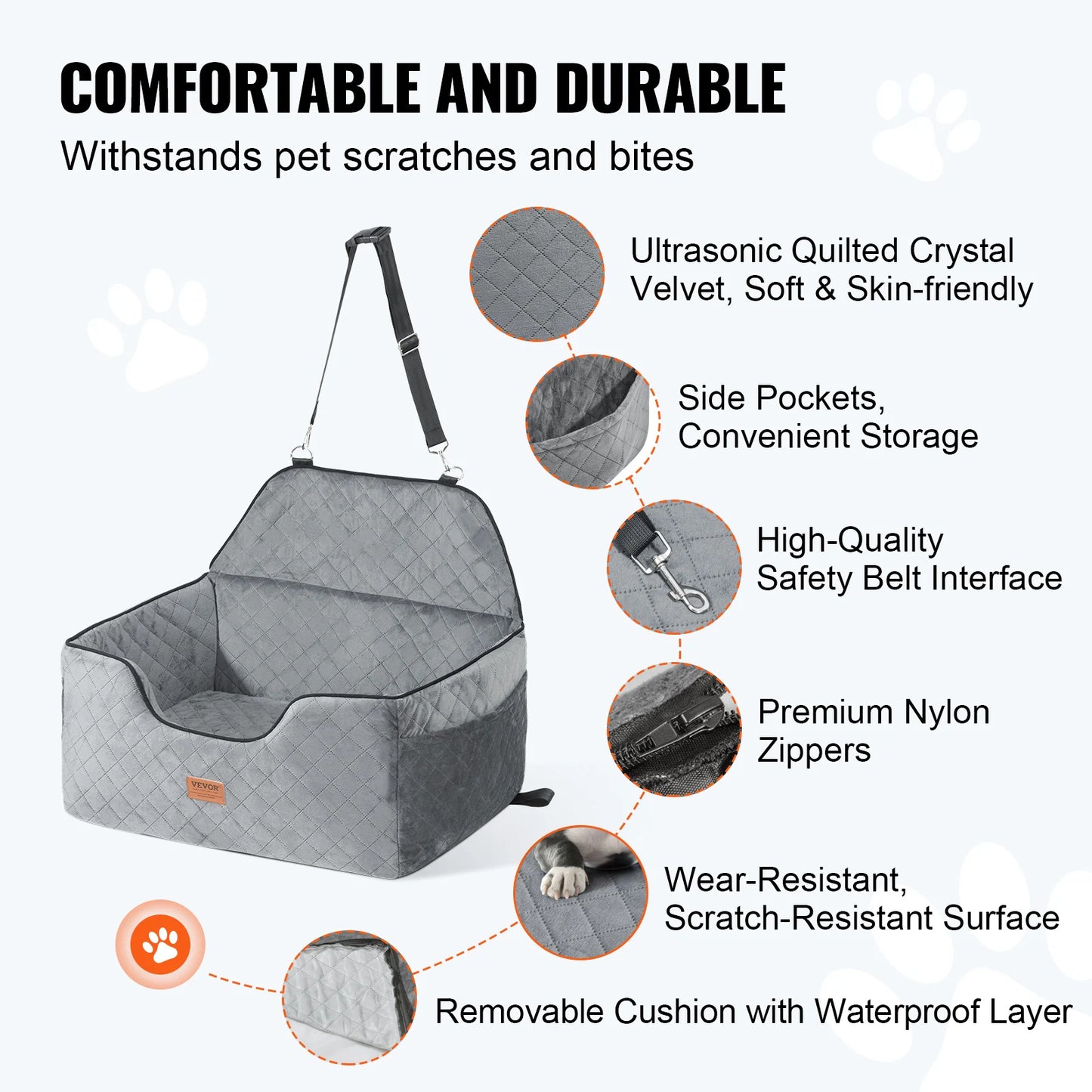 Vevor Dog Car Seat Booster Seat for Medium Large Dogs up to 55 Pounds with Storage Pocket Gray