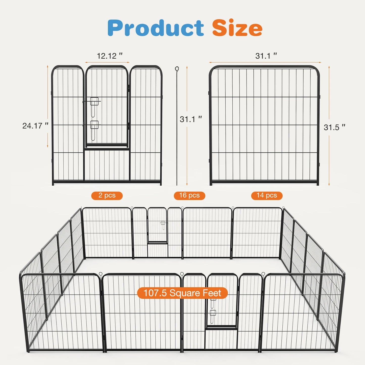 JHK 16 Panel Dog Playpen Indoor Pet Fence Exercise Yard Gate Heavy Duty Metal Dog Pen with Doors for Camping Outdoor