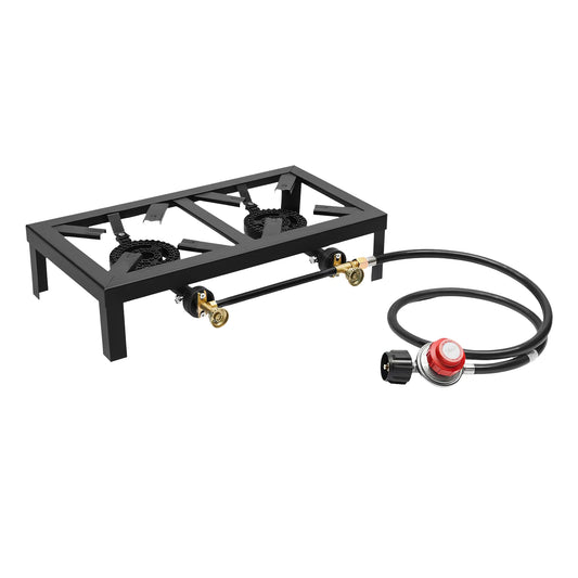 Portable Camping Gas Stove Outdoor Double Burner Propane Cooker with Adjustable Regulator Hose