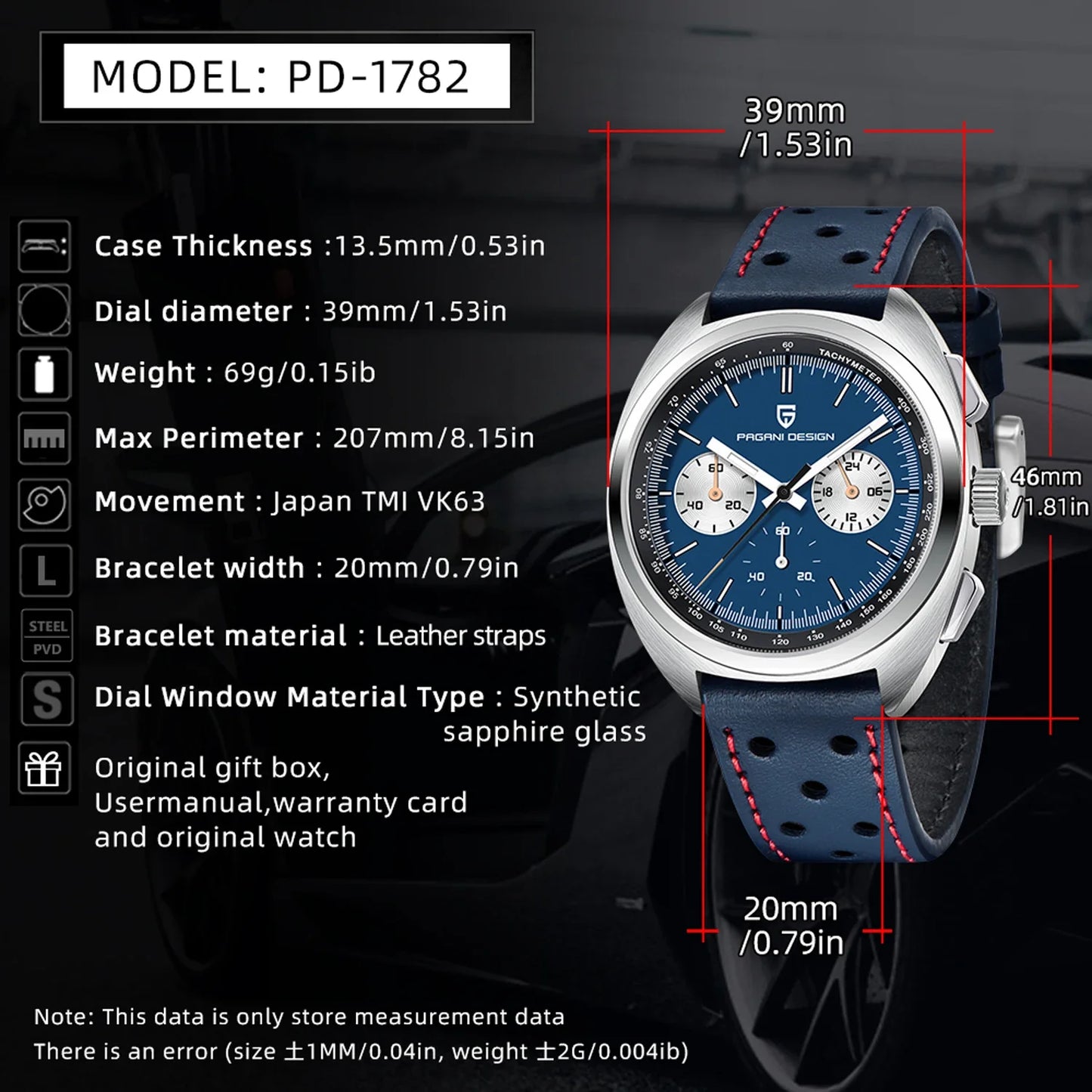Pagani Design 2024 Retro Luxury Men's Sports Chronograph VK63 Quartz Watch AR Sapphire Waterproof Leather Clock