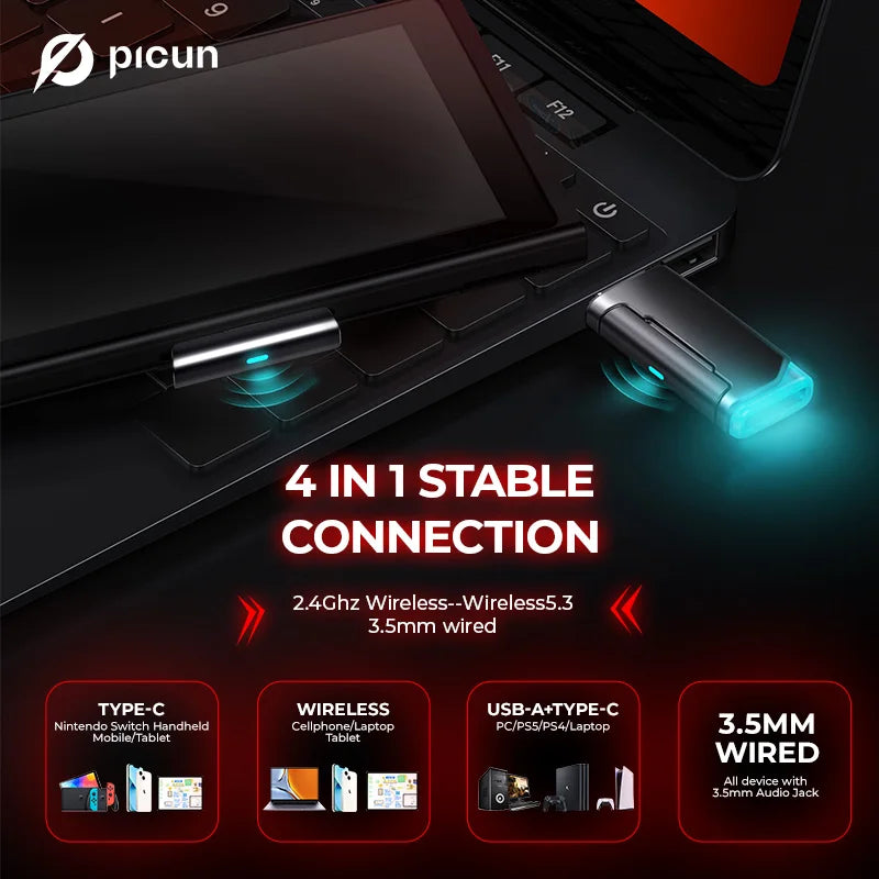 Picun G2 2.4G Wireless Gaming Headset Bluetooth Headphones 5ms Low Latency 7.1 Surround ENC Microphone for PC PS4 PS5 Phone Switch