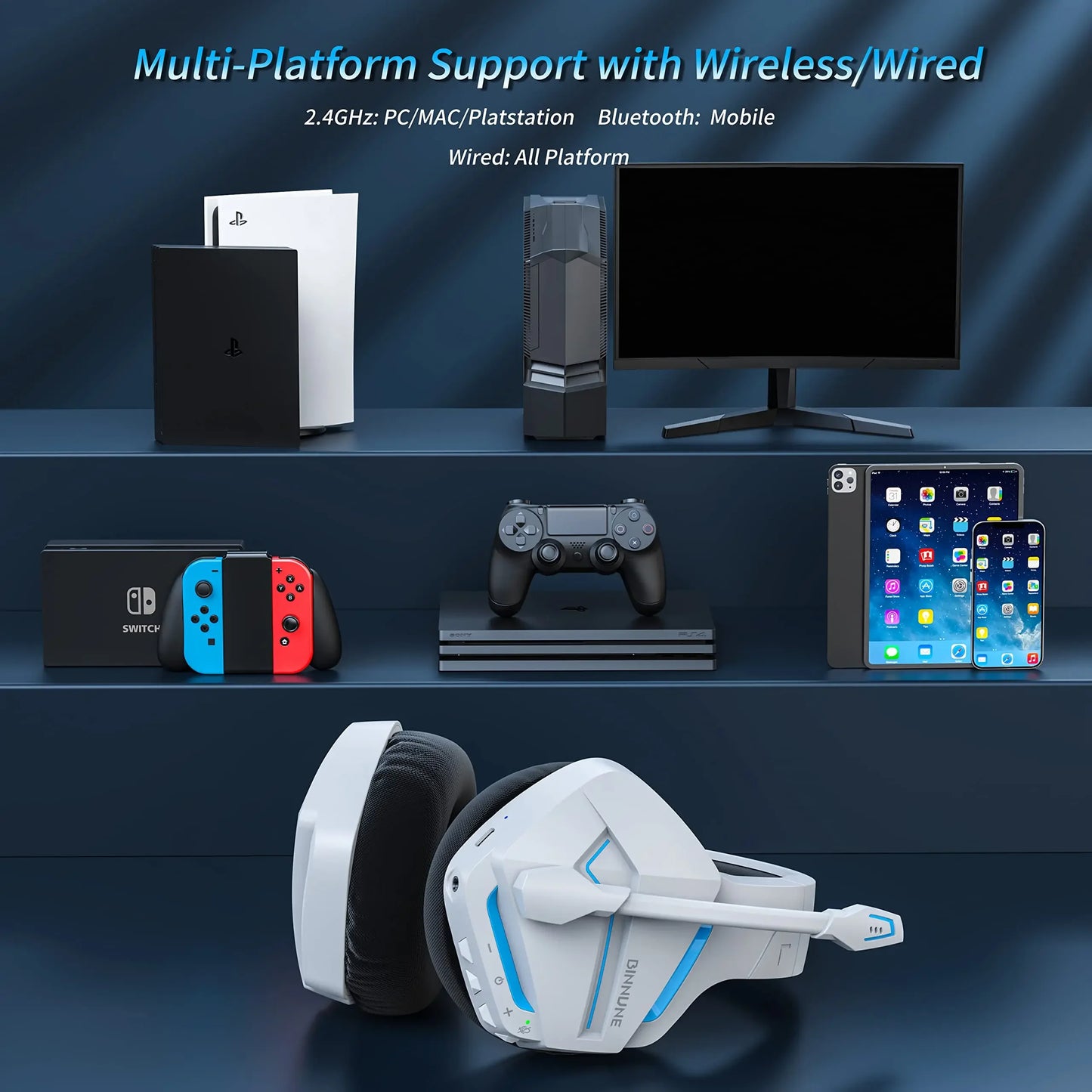 Binnune BW01 Wireless Gaming Headset with Microphone for PC PS4 PS5 2.4G Bluetooth USB Gamer Headphones for Laptop Computer