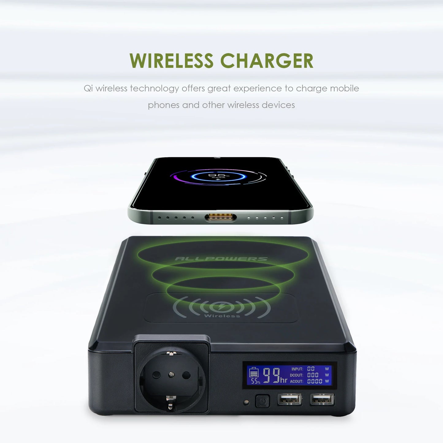 Allpowers Wireless Solar Powerbank 154Wh 200W Portable Powerstation with 100W Flexible Solar Panel for Laptop and iPhone