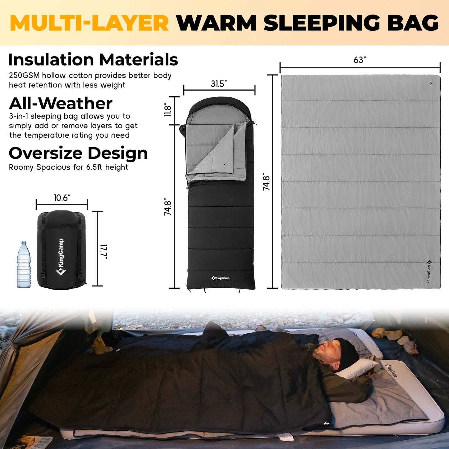 KingCamp 3 in 1 Envelope Hooded Sleeping Bag Detachable Flexible Double Blanket All Season Camping Hiking