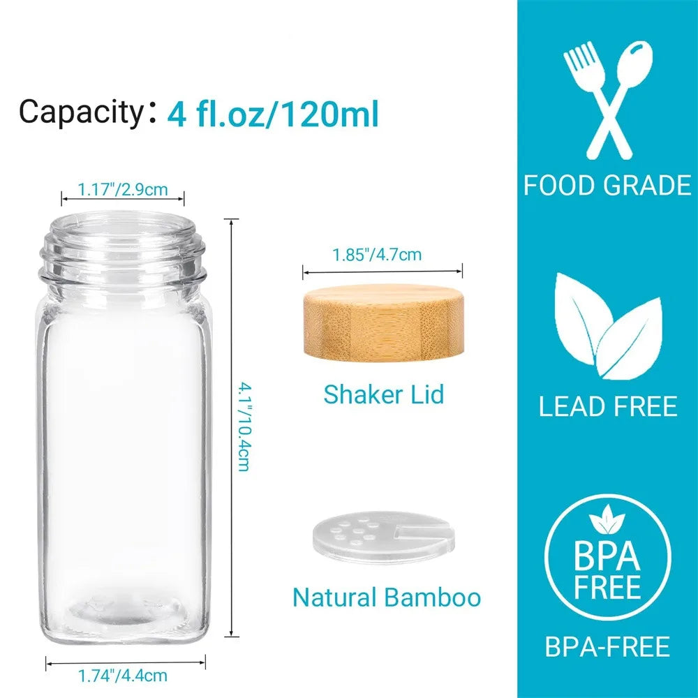 12 Pcs Glass Spice Jars with Bamboo Lids and Minimalist Spice Labels Stickers Kitchen Spice Jar Set