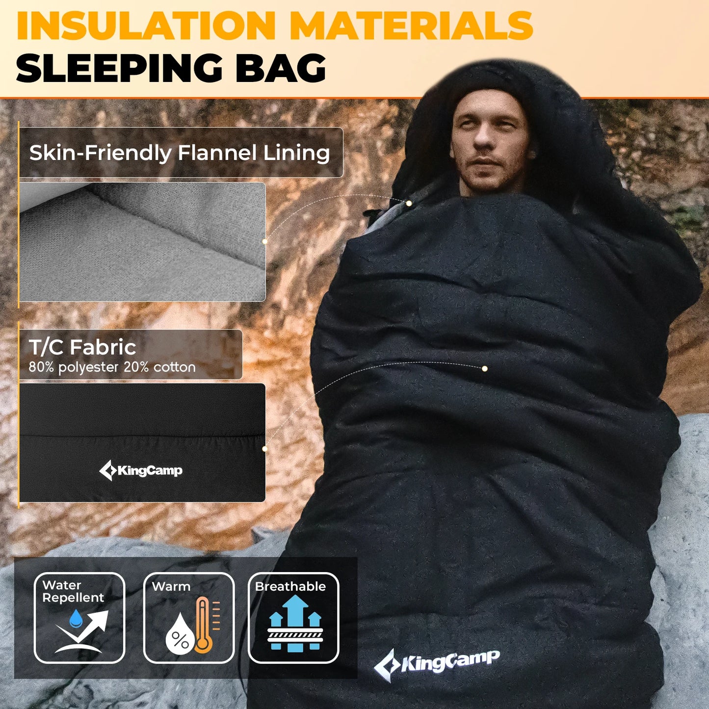 KingCamp 3 in 1 Envelope Hooded Sleeping Bag Detachable Flexible Double Blanket All Season Camping Hiking