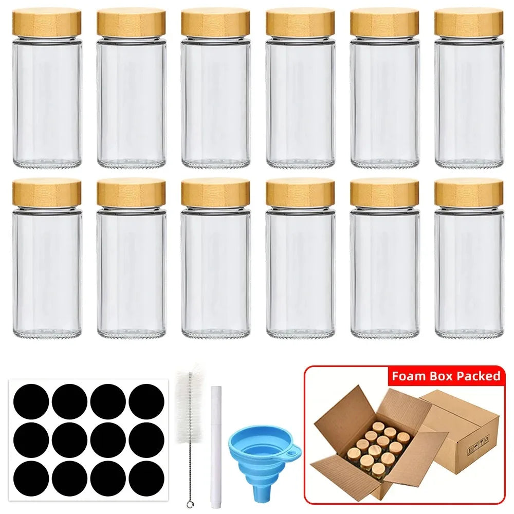 12 Pcs Glass Spice Jars with Bamboo Lids and Minimalist Spice Labels Stickers Kitchen Spice Jar Set
