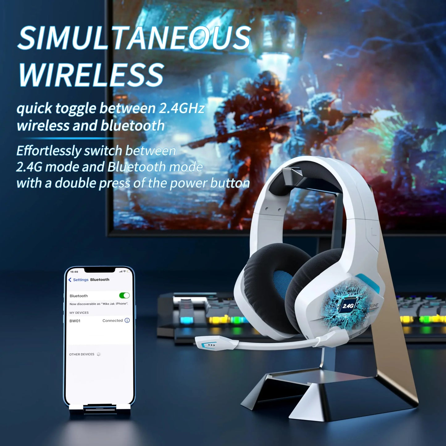 Binnune BW01 Wireless Gaming Headset with Microphone for PC PS4 PS5 2.4G Bluetooth USB Gamer Headphones for Laptop Computer