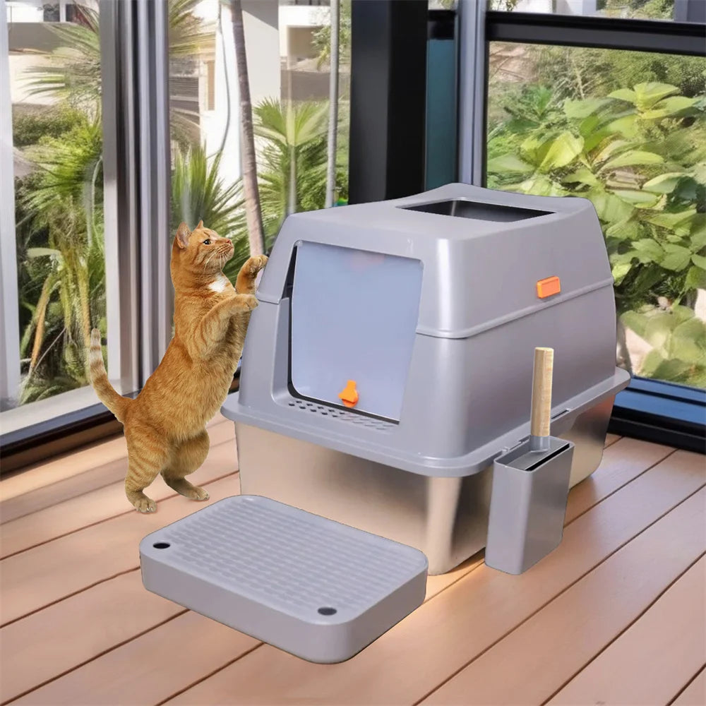 XXL Stainless Steel Cat Litter Box Enclosed Puppy Cat Litter Tray with Lid Large Litter Pan High Wall Side Easy Cleaning Toilet
