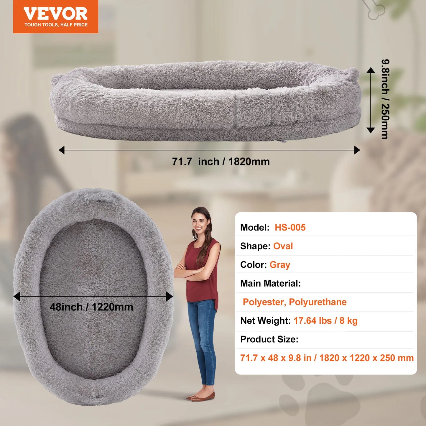 SucceBuy Adult Human Size Dog Bed With Orthopedic Foam Grey