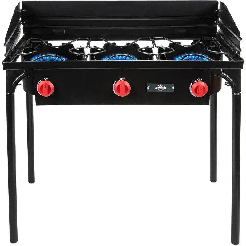 Hike Crew Cast Iron 3 Burner Outdoor Gas Stove 225000 BTU Portable Propane Cooktop with Blue Flame Control Removable Legs