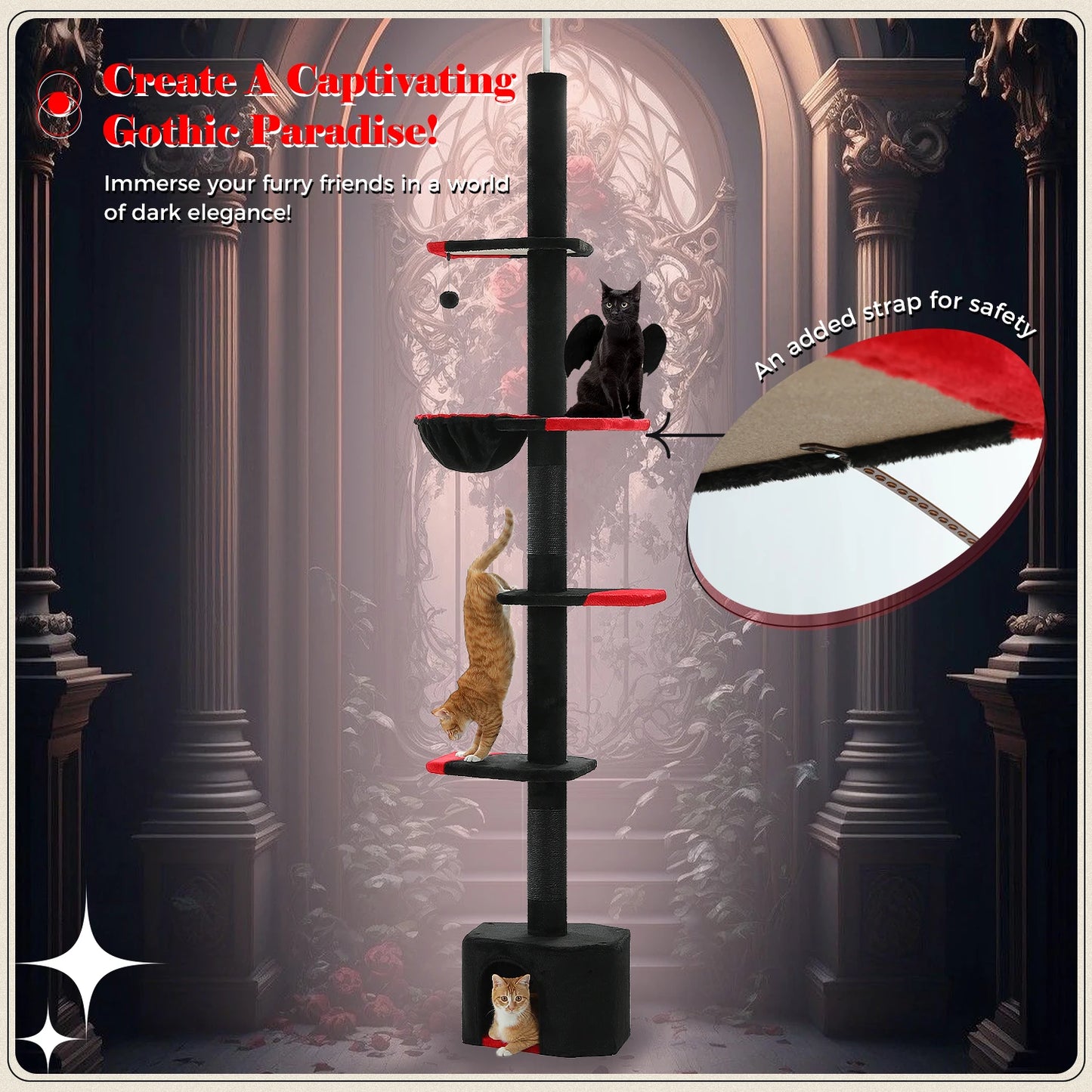 Adjustable Height Cat Tree for Indoor, Floor to Ceiling Cat Tower with Scratching Posts, Cat Condo, Hammock and Dangling Balls