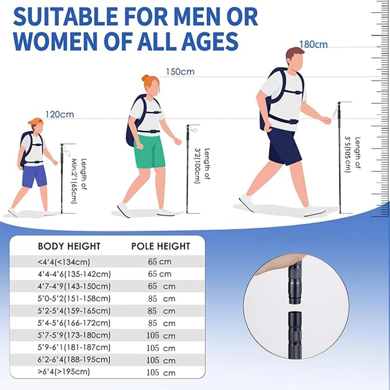 Lightweight Tactical Hiking Poles Adjustable Length 42.1 Inches Aluminum Alloy 6 In 1 Multi Tool with Knife Compass and Non Slip Base