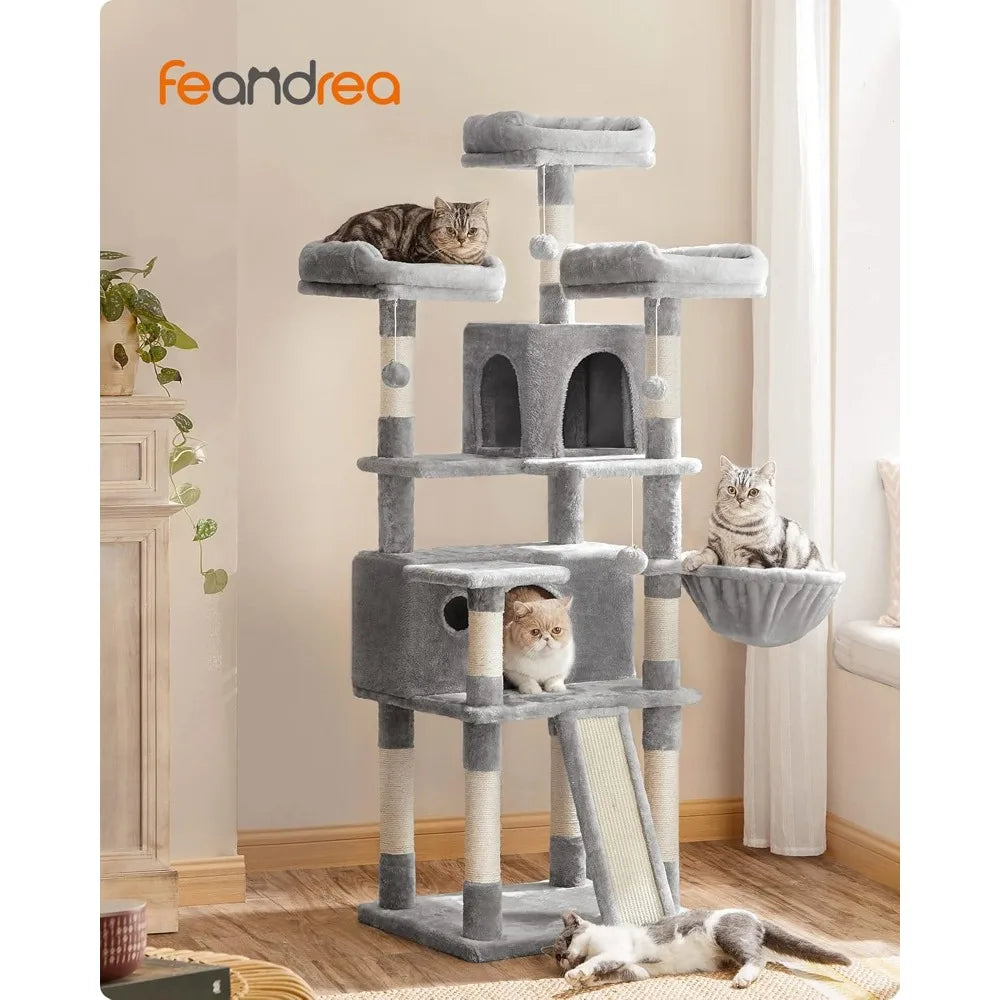 Cat Tree, Large Cat Tower, Cat Condo with Scratching Posts, Board, 2 Caves, 3 Plush Perches