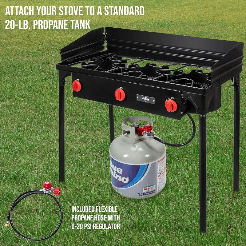 Hike Crew Cast Iron 3 Burner Outdoor Gas Stove 225000 BTU Portable Propane Cooktop with Blue Flame Control Removable Legs