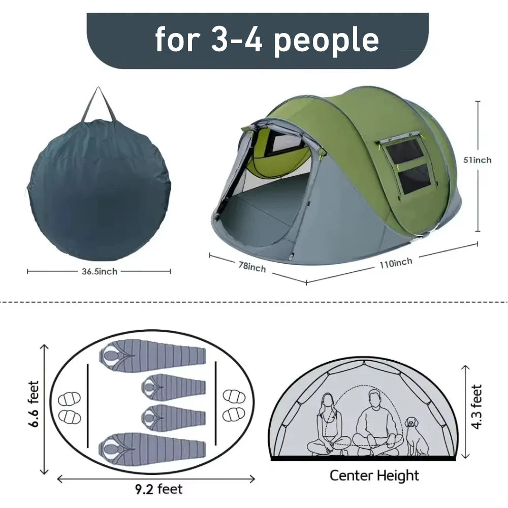 3 to 4 People Outdoor Throw Open Tent Automatic Pop Up Waterproof Family Tent for Camping and Hiking
