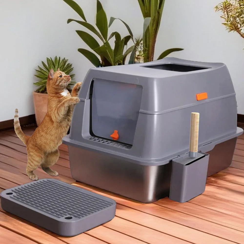 XXL Stainless Steel Cat Litter Box Enclosed Puppy Cat Litter Tray with Lid Large Litter Pan High Wall Side Easy Cleaning Toilet
