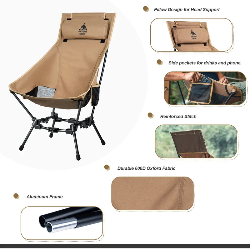 OneTigris Portable High Back Camping Chair for Outdoor Fishing Trekking BBQ Parties and Indoor Use