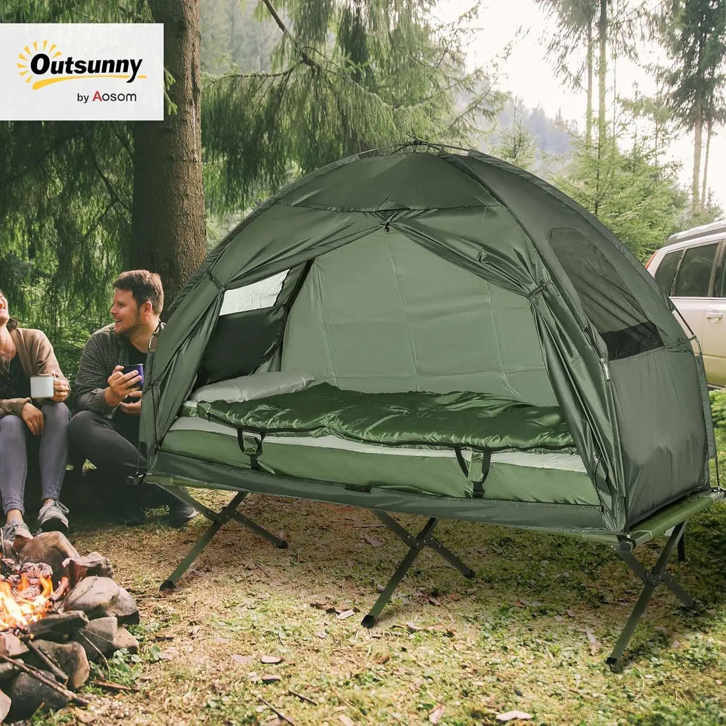 Outsunny Multifunctional Folding Camping Cots for Adults, Elevated Tent with Sleeping Bag, Thick Air Mattress Pad
