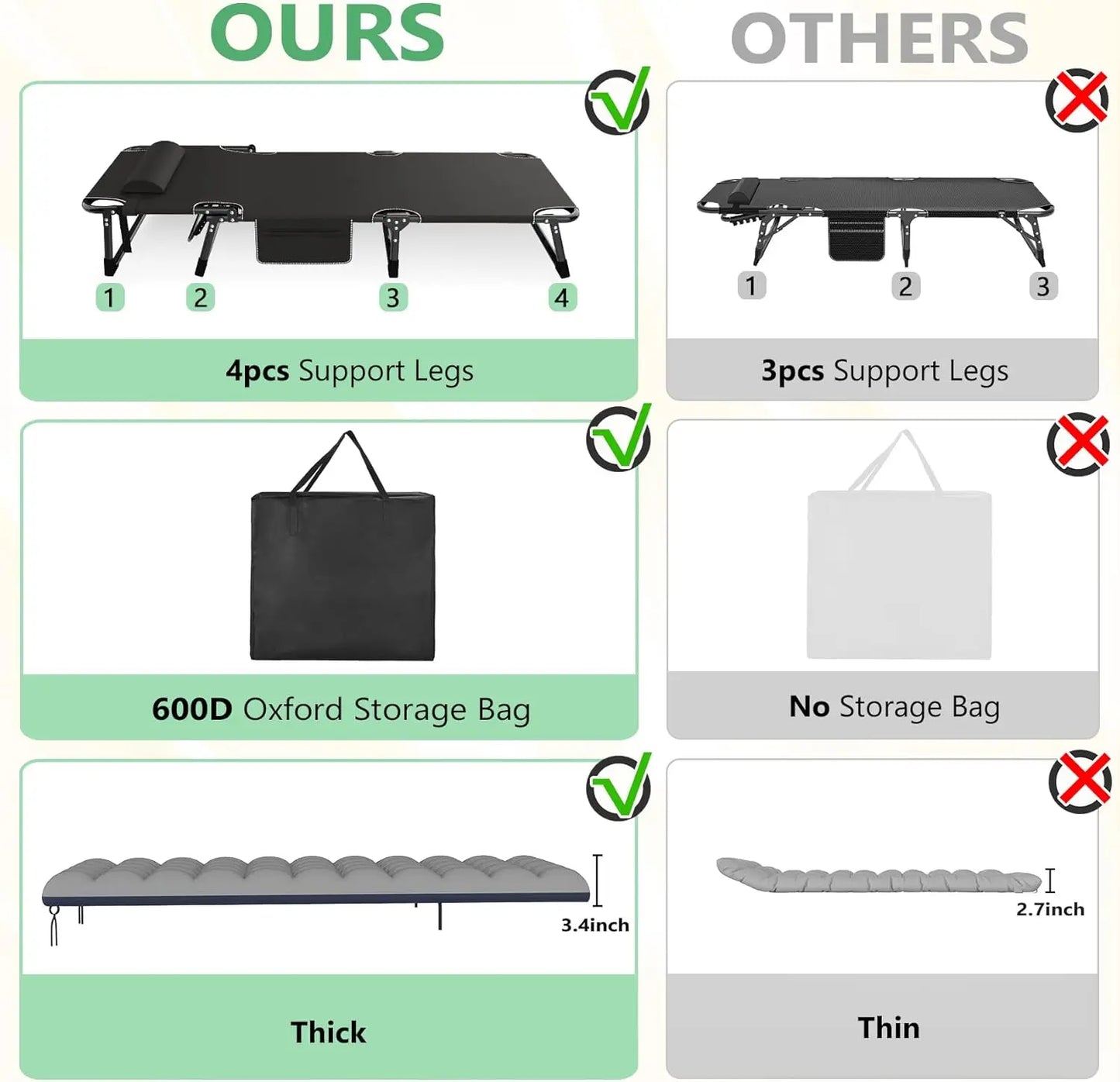 Folding Camping Cot for Adults Adjustable Outdoor Bed with Mattress Travel Lounge Chair
