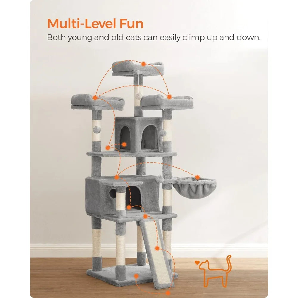 Cat Tree, Large Cat Tower, Cat Condo with Scratching Posts, Board, 2 Caves, 3 Plush Perches