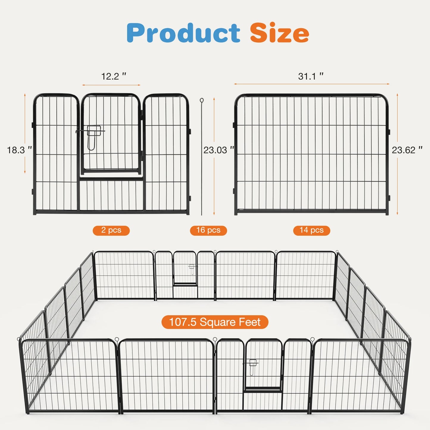 JHK 16 Panel Dog Playpen Indoor Pet Fence Exercise Yard Gate Heavy Duty Metal Dog Pen with Doors for Camping Outdoor
