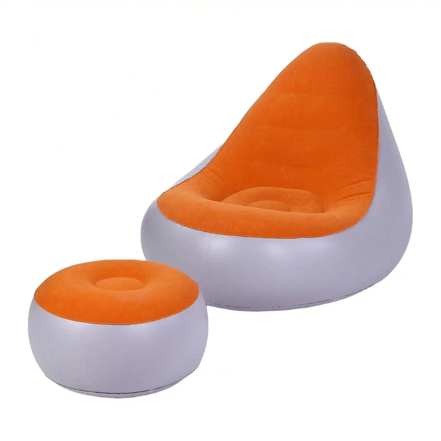 Inflatable Lounge with Foot Stool PVC Flocking Water Proof Folding Blow Up Couch Inflatable Sofa Chair for Home Camping Orange