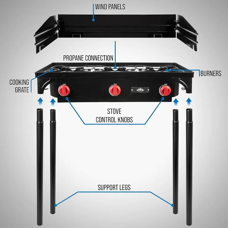 Hike Crew Cast Iron 3 Burner Outdoor Gas Stove 225000 BTU Portable Propane Cooktop with Blue Flame Control Removable Legs