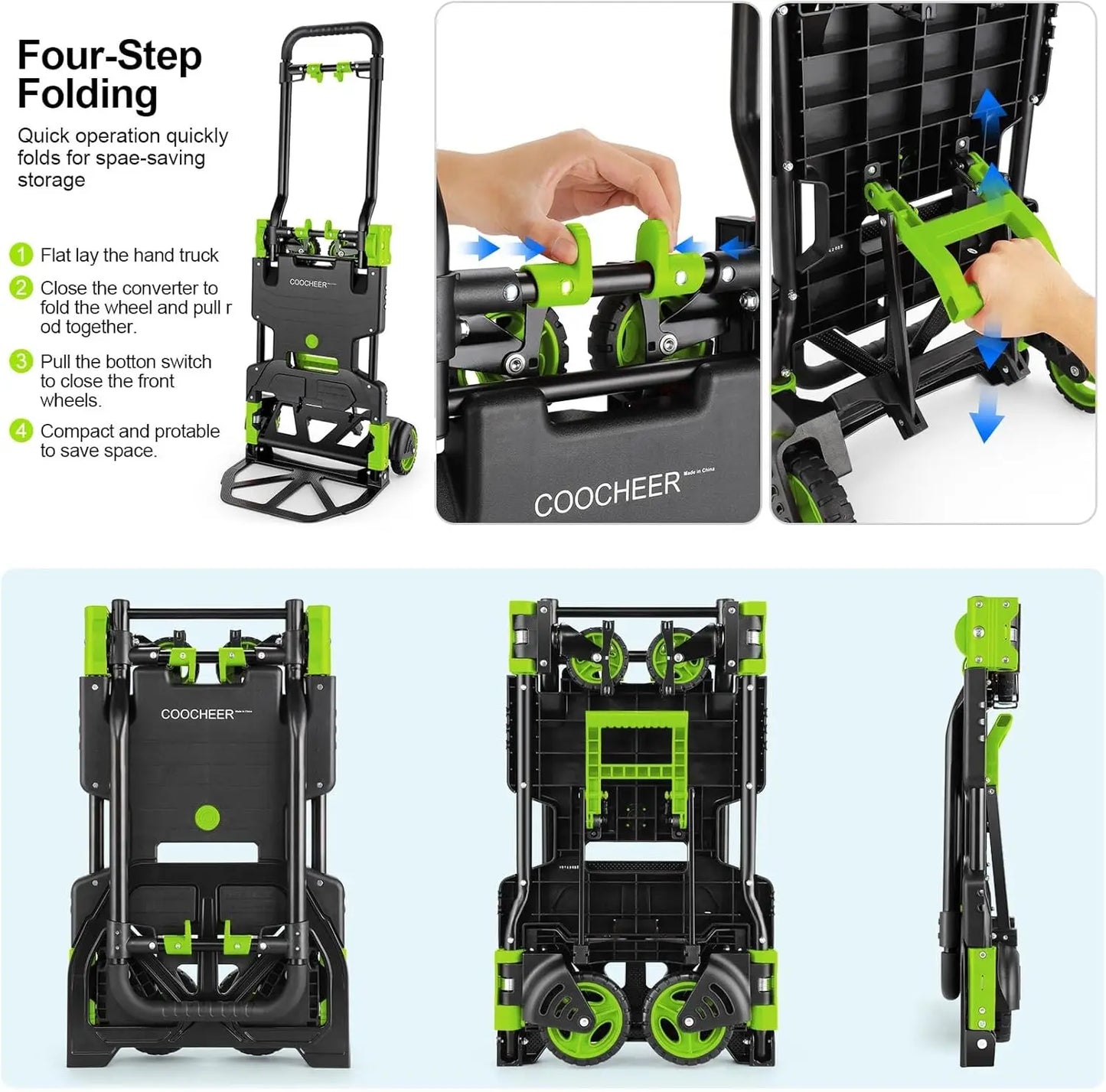 330LB Folding Hand Truck Heavy Duty Carrying, Combination of Four Wheels and Two Wheels Convertible Dolly Cart with Retractable