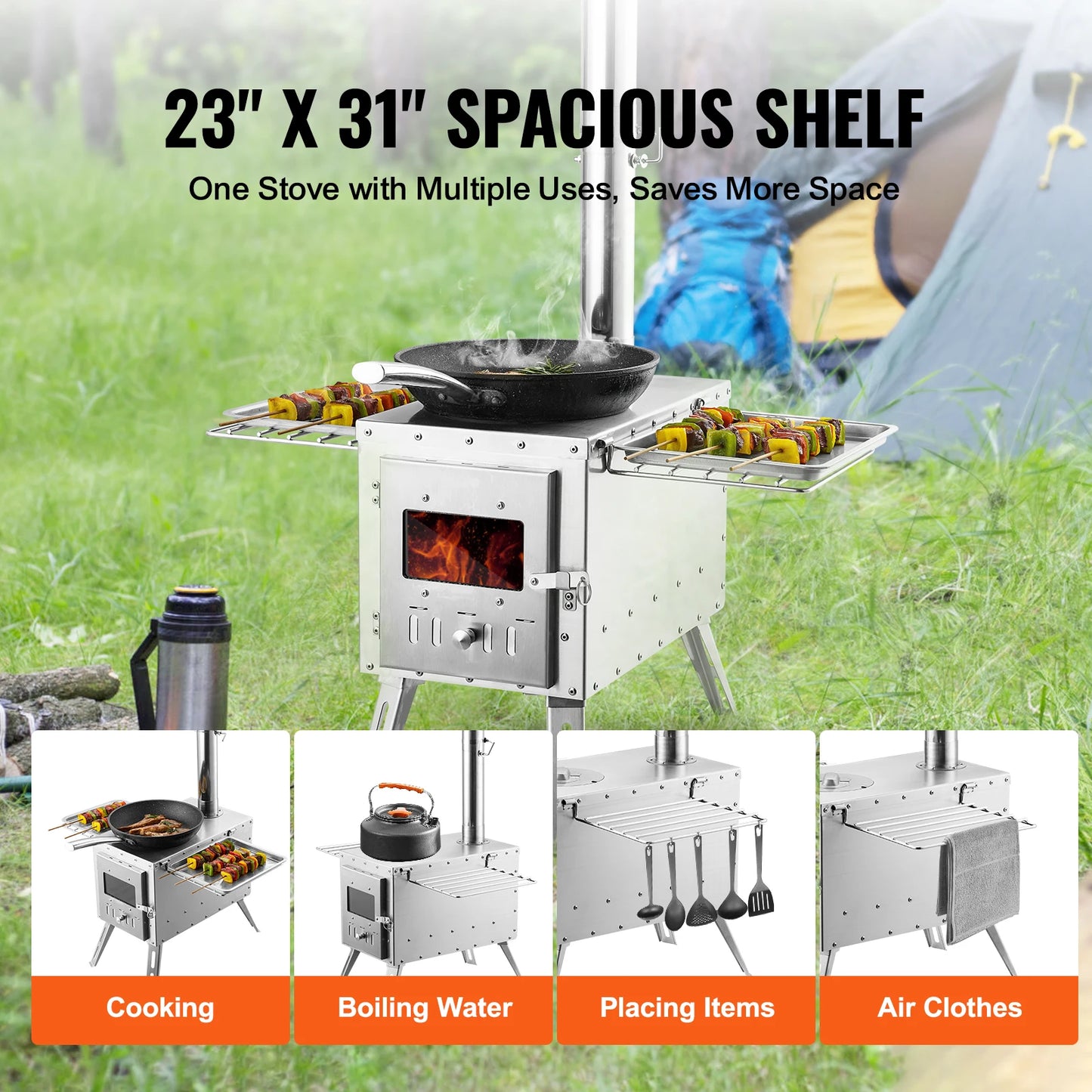 VEVOR Wood Stove 86 Inch Stainless Steel Camping Tent Stove Portable Wood Burning Stove with Chimney Pipes and Gloves