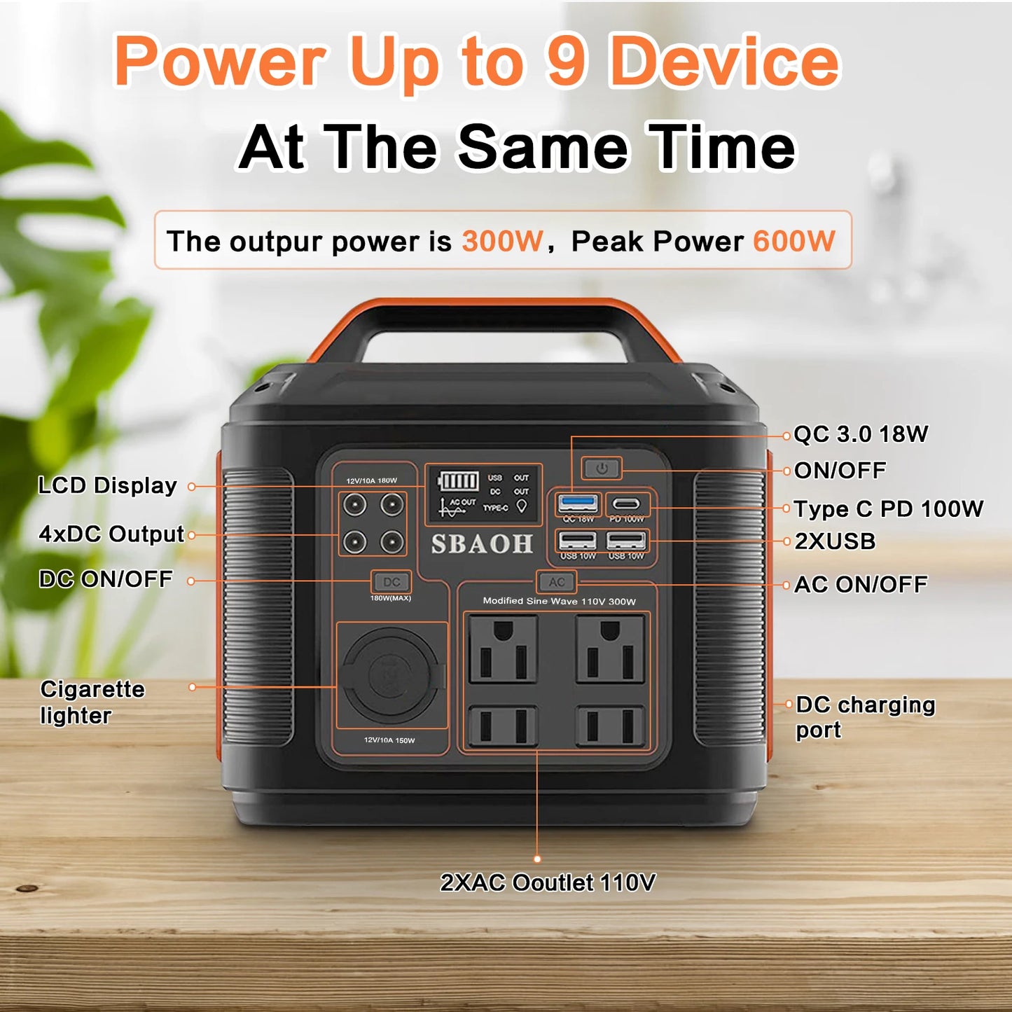 Portable Power Station 300W 296Wh Solar Generator with Quick Charge 110V AC Outlets DC Ports and LED Flashlight Lithium Battery