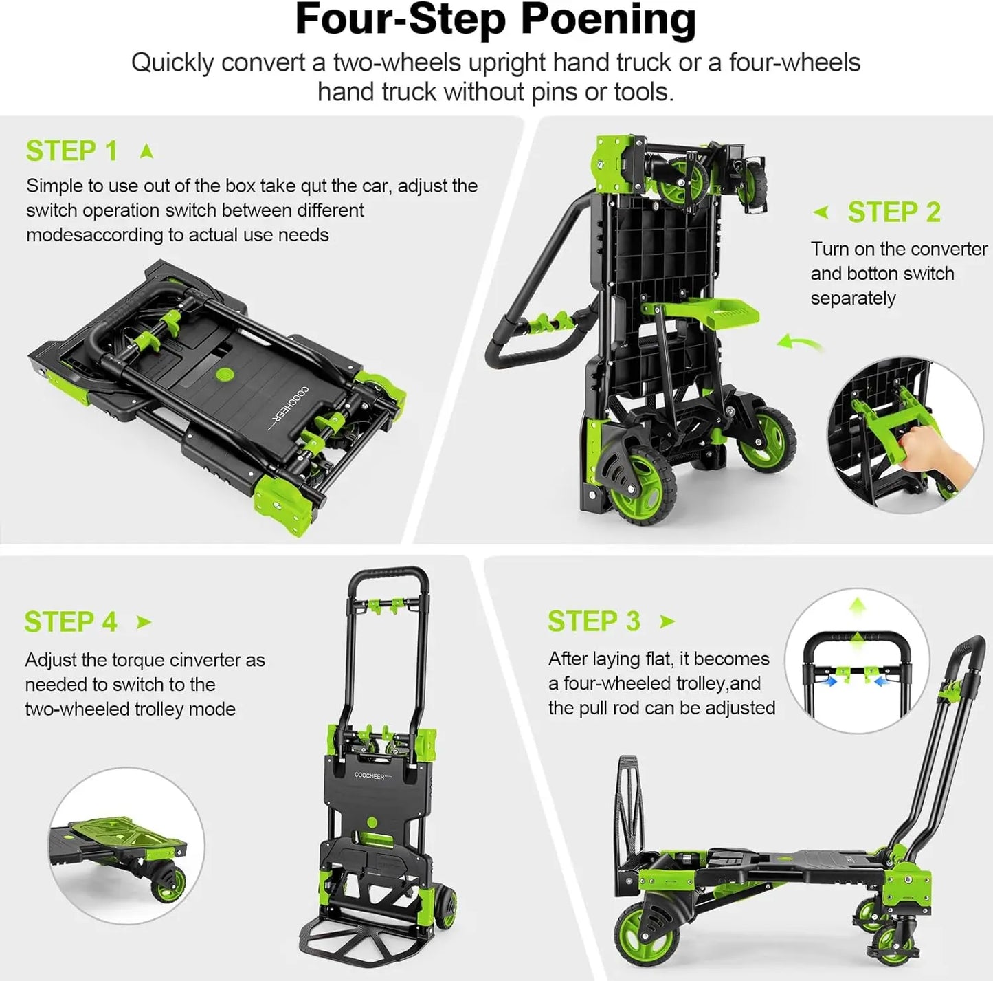 330LB Folding Hand Truck Heavy Duty Carrying, Combination of Four Wheels and Two Wheels Convertible Dolly Cart with Retractable