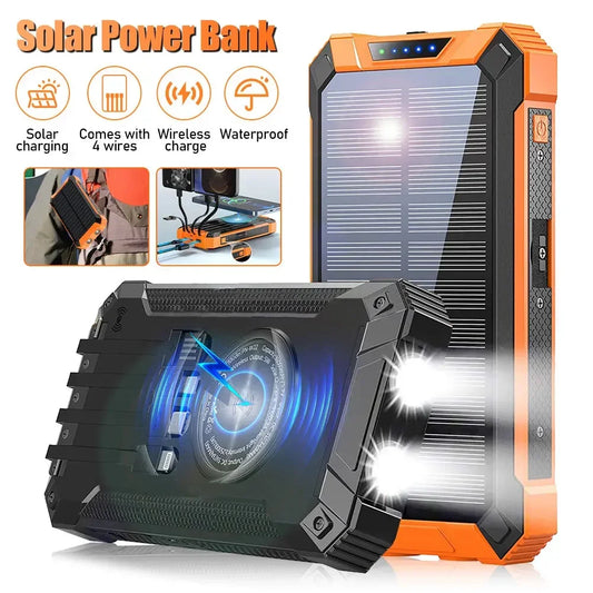 Solar Mobile Power Bank Portable Wireless Fast Charging 10000mAh 4USB Ports Compatible with iPhone Xiaomi Huawei with 2 LED Lights