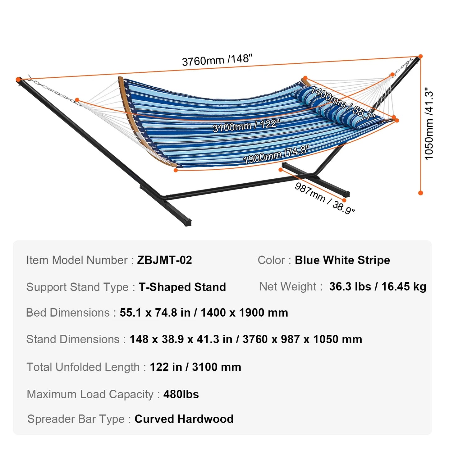 Two Person Hammock with Stand Included Double Hammock with Curved Spreader Bar and Detachable Pillow and Portable Bag